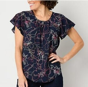 Liz Claiborne Flutter Sleeve Relaxed Fit Abstract Floral Blouse